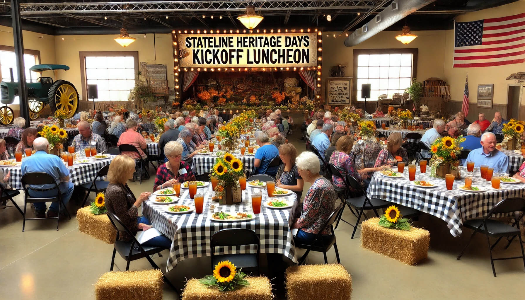 Picture of indoor banquet with a sign that says Stateline Heritage Days Kick Off Luncheon.